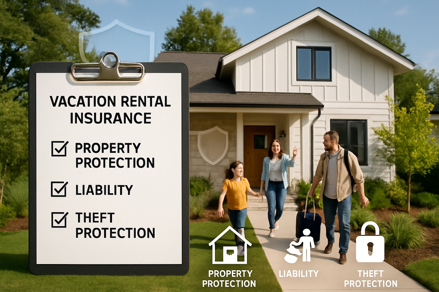 ¿Por qué necesitas un seguro para alquiler vacacional? Beneficios clave para propietarios y huéspedes 1 Casa de vacaciones moderna con una familia disfrutando y elementos que representan protección y seguridad del seguro.